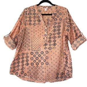 Intro Women's L Peach Black Print‎ 3/4 Sleeve Button Up Casual Top Blouse Boho